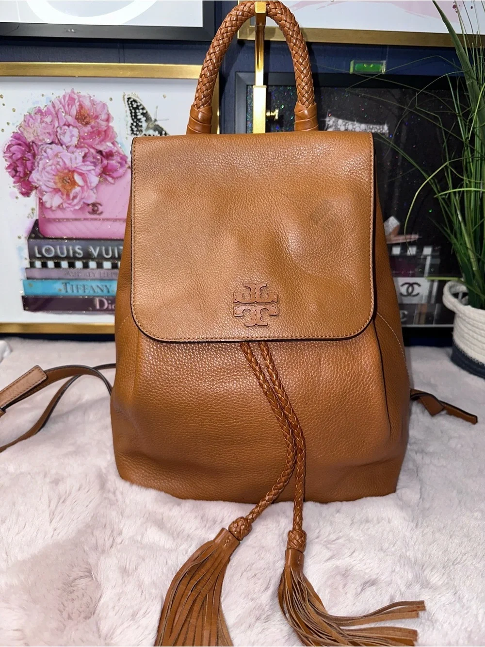 🎒 Tory Burch Thea Leather Backpack – Cognac Brown